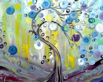 Whimsical Tree, Rainy Day, Summer Rain, Colorful Original Oil Painting