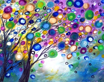 Wishes for a Wonderful Spring Original Painting Whimsical Colorful Landscape Artwork