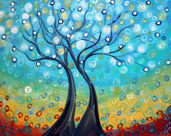 Serenity Blue White Whimsical Trees , We Love the Stars, Original Painting on Canvas