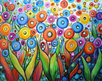 Cheerful Vibe Happy Flowers Whimsical Colorful Original Painting on Canvas , Art by Luiza Vizoli