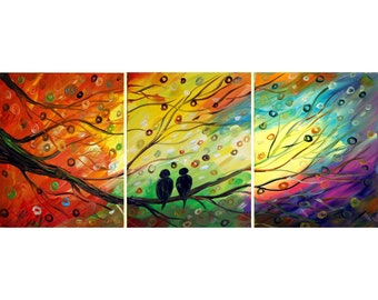 Seasons of Love, Birds at Sunset, Original Painting on Canvas, Multi Panel Artwork, Set of 3 Panels