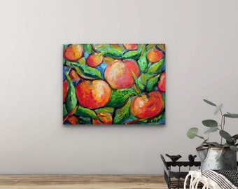 Red Apples Whimsical Painting, Original Colorful Artwork ,Honey-Crisp Happy Fall Season Art on canvas