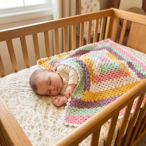 Handmade Crochet Baby Blanket – Colorful Granny Square, Soft Chenille Yarn, Modern Nursery Decor