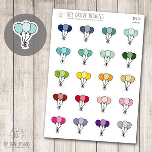 May include: A sheet of colorful balloon stickers in various shades, including blue, green, yellow, orange, pink, purple, and brown. Each sticker features three balloons tied together with a black string. The sheet includes the text "LILY GROVE DESIGNS".
