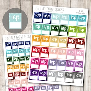 May include: Sheets of colorful planner stickers with the word "iep" in white, inside a colored box with a white dotted border. The stickers are in various colors, including blue, green, orange, and pink. The brand name "Lily Grove Designs" is visible.