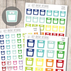 May include: Sheets of colorful scale stickers in various sizes, including small, medium, and large. Each sticker features a white scale design with a colored border and a weight dial. The stickers are from Lily Grove Designs.