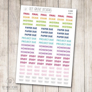 S-509 - School Planning Planner Stickers, College, Quiz, Test, Homework, Study, Academic Planner