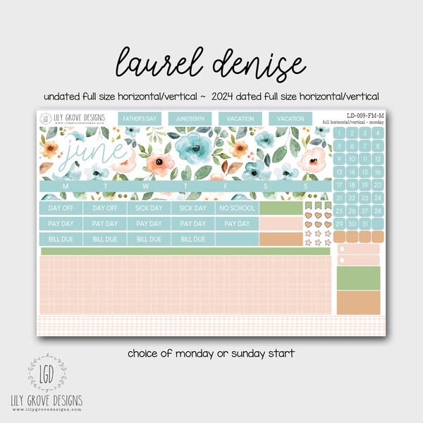 LD-009 -  June Laurel Denise Monthly Kit - Monday or Sunday Start - for Undated, 2024 Dated Horizontal or Vertical Full Size - FM