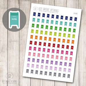 May include: Sheet of colorful planner stickers featuring small mailboxes in various colors, including blue, green, orange, red, pink, purple, and gray. Each mailbox sticker has the word "MAIL" printed on it. The sheet is labeled "S-595" and includes the "Lily Grove Designs" logo.