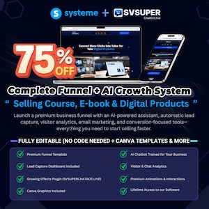 May include: A digital marketing promotional graphic featuring a laptop and smartphone displaying a website. Text includes 75% OFF, Complete Funnel + AI Growth System, Selling Course, E-book & Digital Products, and a list of features like Premium Funnel Template.