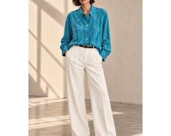 Camisa vintage de rayón Anne Sarnoff de los años 90, color verde azulado, estilo Whimsigoth, cuello de punta, talla S
