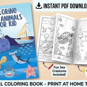 Peut inclure: Un livre de coloriage numérique intitulé Coloring Sea Animals for Kid avec une couverture bleue illustrée d'une baleine, d'une tortue, d'un requin et d'une étoile de mer. Il contient des pages en noir et blanc représentant des animaux marins.