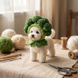 May include: A small white dog figurine made of felted wool wearing a green crocheted broccoli hat with textured florets and leaf details around the neck. The dog has dark eyes and a black nose, standing upright with a fluffy tail and white fur.