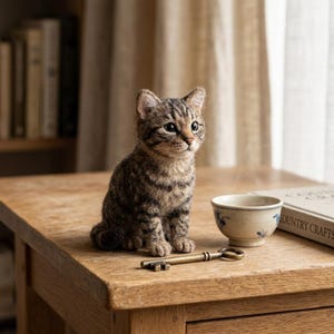 Può includere: Una statuetta di gatto tigrato marrone in lana infeltrita seduta, con strisce scure e grandi occhi neri. Accanto al gatto si trova una piccola ciotola in ceramica color crema con motivi floreali blu e una chiave antica in ottone sul legno.