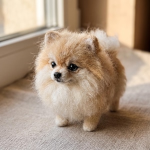 Op de afbeelding: Een naaldgevilte Pomeranian hondfiguur gemaakt van lichtbruine en crèmekleurige wolvezels. Het kleine beeldje heeft een pluizige vacht, puntige oortjes, donkere ronde ogen en een zwarte neus, wat het uiterlijk van een klein hondenras nabootst.