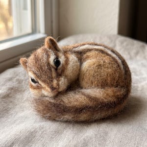 May include: A needle-felted chipmunk figurine crafted from textured brown and tan wool fibers. The small animal is curled into a rounded sleeping position, featuring dark bead eyes, pointed ears, and distinct dark stripes along its back.