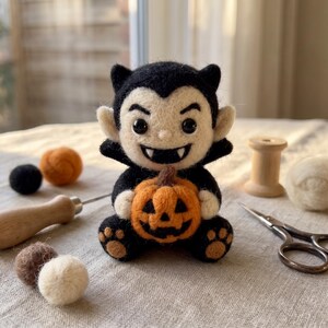 May include: A needle-felted vampire figurine with black hair, pointed ears, and white fangs, holding a small orange jack-o'-lantern. The figure has black and tan paw-like feet and large black eyes, crafted from wool fibers with a soft texture.