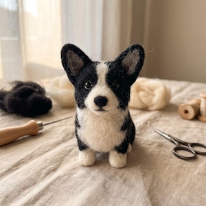 Corgi Black White Pied Coat Sheer Curtain Lit Linen Mat Needle Felting Starter Craft Kit