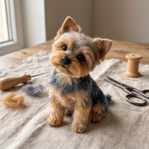 May include: A needle-felted Yorkshire Terrier figurine with realistic tan and dark gray fur, pointed ears, and dark eyes. The small dog sits upright, showcasing detailed craftsmanship with a textured coat, positioned near crafting tools.
