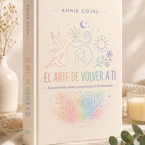 Puede incluir: Un libro de tapa dura titulado El Arte de Volver a Ti de Annie Cojal con una cubierta de color crema. La portada presenta dibujos lineales en tonos pastel de un corazón, pájaros, un loto, un sol y una luna, con el subtítulo Encontrando calma y esperanza en la tormenta.