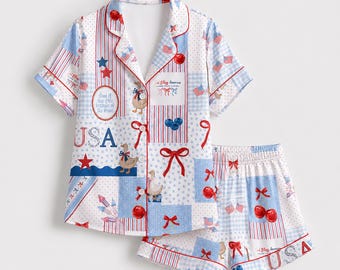 Pigiama in raso bianco patchwork, collezione di abbigliamento da casa con maniche a trapunta in stile americano.