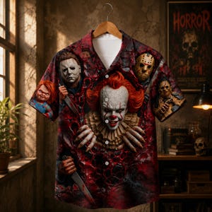 May include: A short-sleeve button-down shirt featuring a dark red, textured background with a collage of horror movie characters including Pennywise, Michael Myers, Chucky, Jason Voorhees, and Leatherface, all depicted with realistic facial details.