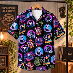 Neon Horror Movie Hawaiian Shirt, Retro Slasher Character Button Up, Colorful Spooky Halloween Aloha Shirt Horror Fan Gift