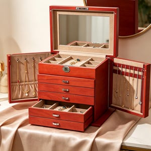 May include: A large, reddish-brown wooden jewelry box with multiple drawers, side panels for hanging necklaces, and a top compartment with a mirror. The box features silver-toned hardware and a beige interior lining for organizing accessories.