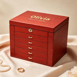 May include: A rectangular wooden jewelry box with a reddish-brown finish, featuring five drawers with gold-toned pulls and a top compartment with a lock. The lid is engraved with the name Olivia and the date 06.23.2026 in gold lettering.