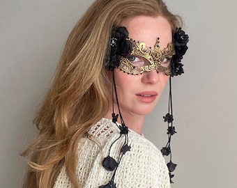 Black & Gold Venetian Masquerade Mask – Floral Lace, Party Ball