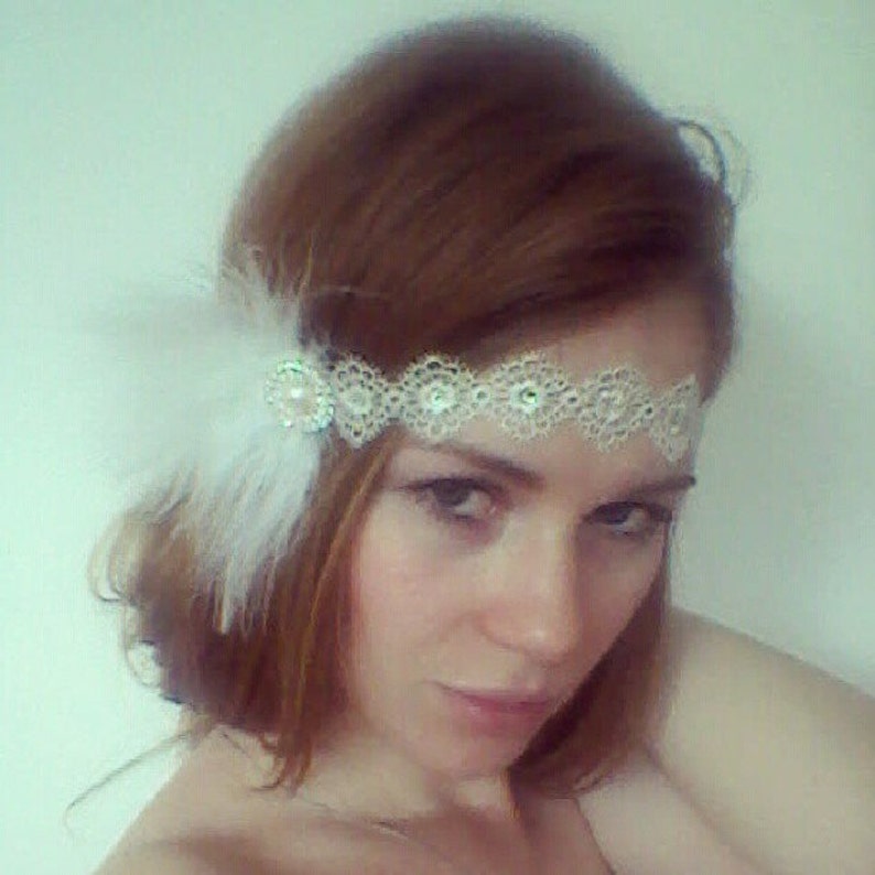 Daisy Buchanan 1920s Feather Headband In White And Silver With Etsy