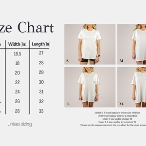 May include: A size chart for a white t-shirt featuring a table with width and length measurements in inches for sizes XS through 3XL. The chart includes four photographs showing the t-shirt on a model in sizes S, M, L, and XL, with text notes.