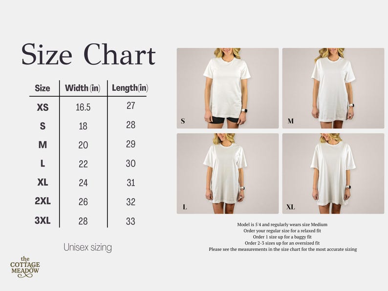 May include: A size chart for a white t-shirt featuring a table with width and length measurements in inches for sizes XS through 3XL. The chart includes four photographs showing the t-shirt on a model in sizes S, M, L, and XL, with text notes.