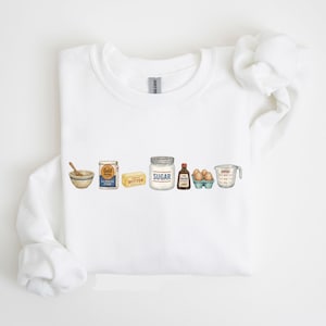 Baking Icons Crewneck Sweatshirt, Flour Mixer Rolling Pin Shirt, Freshly Baked Artisan Bread Shirt, Bakers Cookie Mom Shirt, Gift for Bakers White