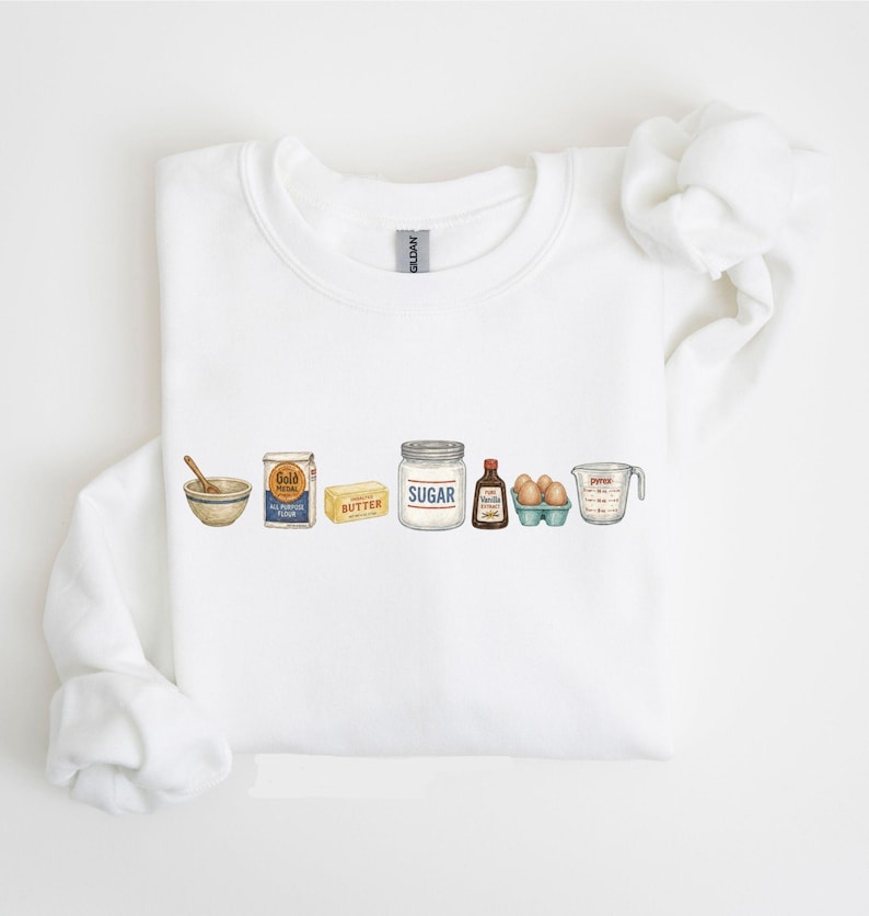 Baking Icons Crewneck Sweatshirt, Flour Mixer Rolling Pin Shirt, Freshly Baked Artisan Bread Shirt, Bakers Cookie Mom Shirt, Gift for Bakers White