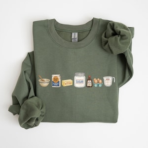 Baking Icons Crewneck Sweatshirt, Flour Mixer Rolling Pin Shirt, Freshly Baked Artisan Bread Shirt, Bakers Cookie Mom Shirt, Gift for Bakers Military Green