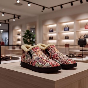 May include: A pair of ankle boots featuring a quilted exterior with a multi-colored geometric pattern in shades of red, brown, and cream. The boots have a thick black rubber sole and a cream-colored faux fur lining around the top opening.