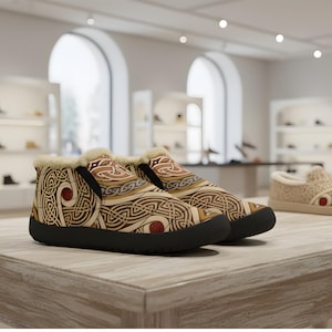 May include: A pair of ankle boots featuring a tan and brown intricate knotwork pattern with small red circular accents. The boots have a thick black rubber sole and a cream-colored faux fur lining visible at the top opening of the footwear.