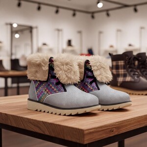 May include: A pair of ankle boots featuring a light gray lower section, a colorful knit-patterned upper panel, and a thick beige faux fur cuff. The boots have black laces and a ridged, light-colored rubber sole, presented on a wooden surface.