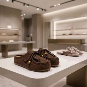May include: A pair of dark brown suede slip-on shoes featuring a moccasin-style toe, decorative laces with small yellow beads, and a rounded silhouette. A second pair of light-colored, soft-textured slip-on shoes is visible in the background.