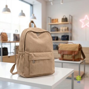 Peut inclure: Un sac à dos en velours côtelé beige doté d'un grand compartiment principal avec une fermeture à double glissière, d'une poche avant zippée plus petite et de poches latérales. Le sac possède une poignée supérieure et des bretelles réglables.