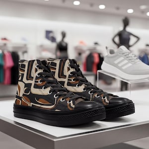 Peut inclure: Baskets montantes avec un motif géométrique noir, beige et marron sur la tige en toile. Les chaussures ont des lacets noirs, des œillets métalliques argentés, un bout en caoutchouc noir et une épaisse semelle en caoutchouc noir texturé.