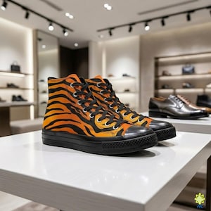 May include: A pair of high-top sneakers featuring a vibrant orange and black tiger stripe pattern. The shoes have black laces, silver-tone metal eyelets, a black rubber toe cap, and a thick black rubber sole, displayed on a white surface.