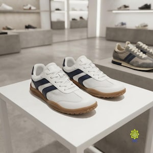 Può includere: Un paio di sneakers bianche con strisce laterali blu scuro, lacci bianchi e una suola in gomma testurizzata. La tomaia è realizzata con una combinazione di pannelli bianchi lisci e tessuto a rete traspirante per un look pulito e sportivo.
