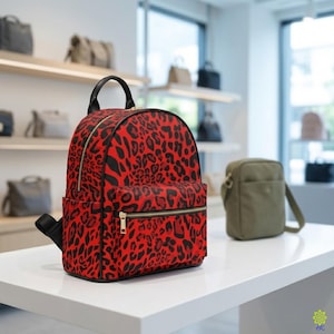 May include: A red and black leopard print backpack with a top handle, adjustable shoulder straps, and a front zippered pocket. The bag features gold-toned metal zippers and black trim accents, providing a structured shape for daily storage needs.