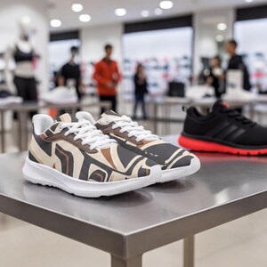 May include: A pair of athletic sneakers featuring a tan, brown, and black abstract geometric pattern on the upper, white laces, and a white sole. The shoes are displayed on a metallic surface with a black and red sneaker visible in the background.