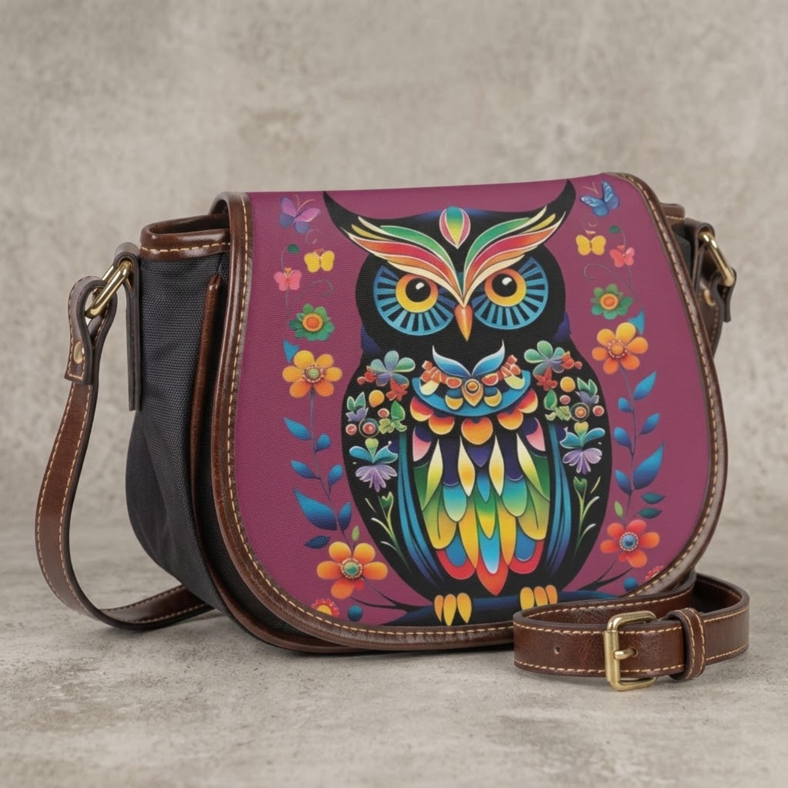 Folk Art Owl Crossbody Bag, Canvas and PU Leather