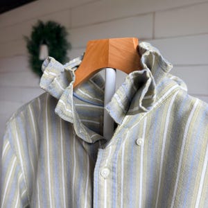 May include: A long-sleeved button-down shirt featuring a vertical striped pattern in shades of light green, blue, and white. The shirt is designed with a distinctive ruffled collar and a front button placket with small white buttons.