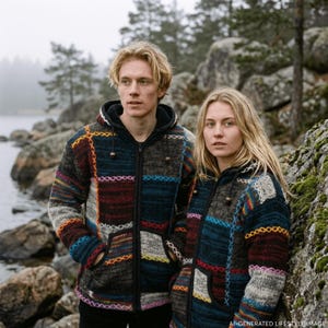 Handgemaakte wollen hoodie met patchwork uit Nepal – Fleece gevoerde jas met ritssluiting, unisex winterjas