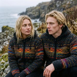 May include: A charcoal grey zip-up hooded jumper featuring a vibrant, multi-coloured fair isle pattern across the chest and sleeves. The knit garment includes a full-length front zip, a hood with adjustable drawstrings, and ribbed cuffs.